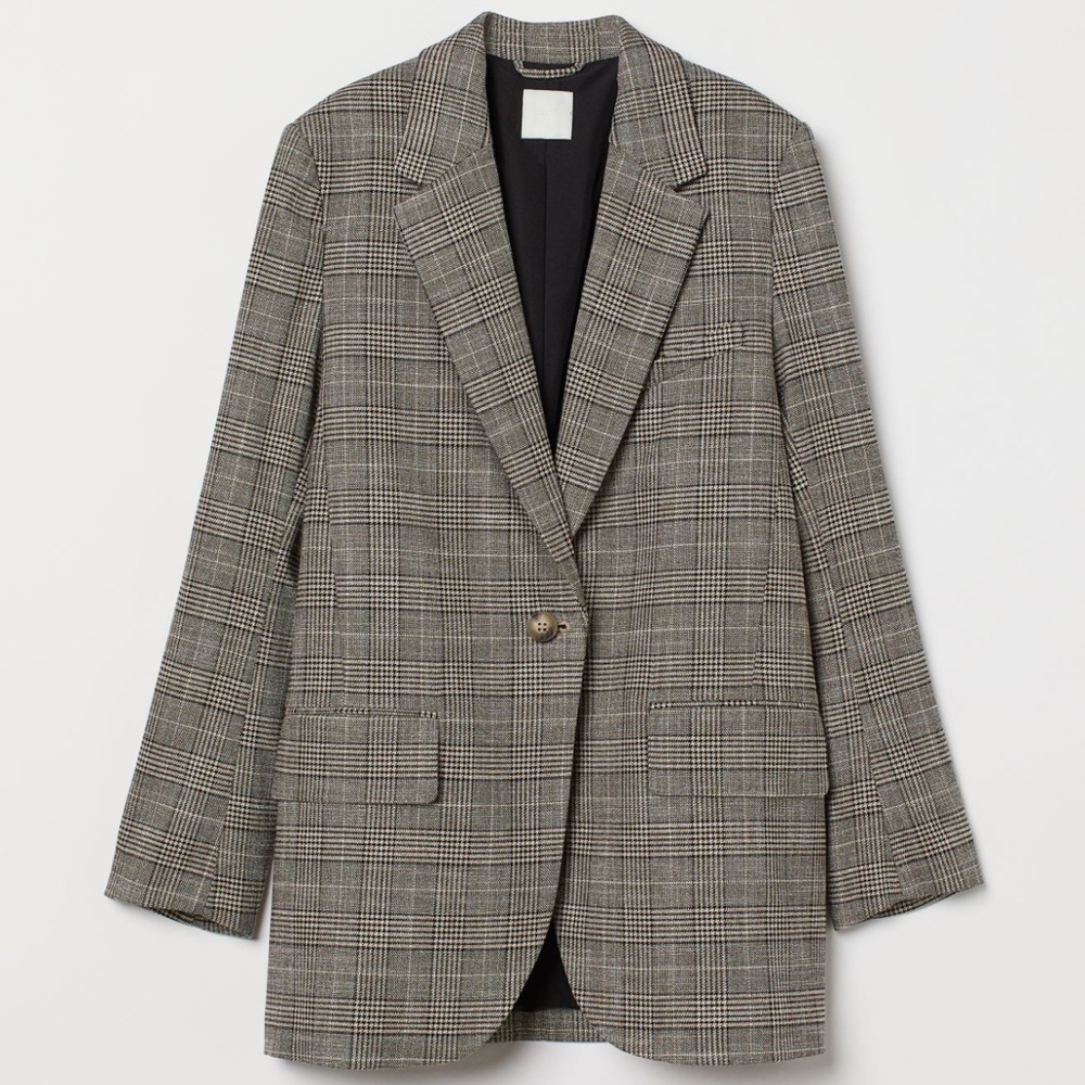 H&M Oversized Dark gray/brown Checked. Long sleeve Blazer neutral